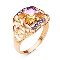 золотое кольцо с аметрином и цветными фианитами