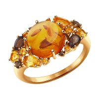 золотое кольцо с цитринами, раух-топазами и янтарем