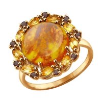золотое кольцо с раух-топазами, цитринами и янтарем