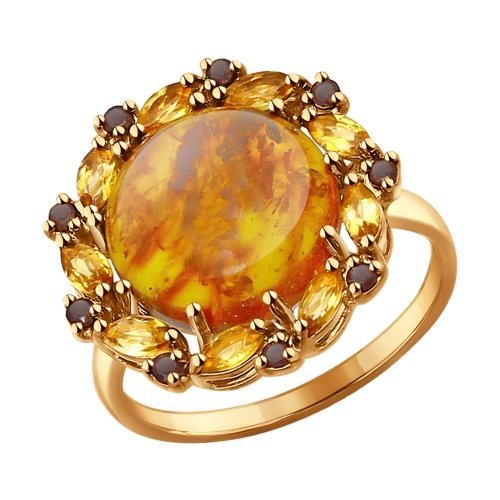 золотое кольцо с раух-топазами, цитринами и янтарем