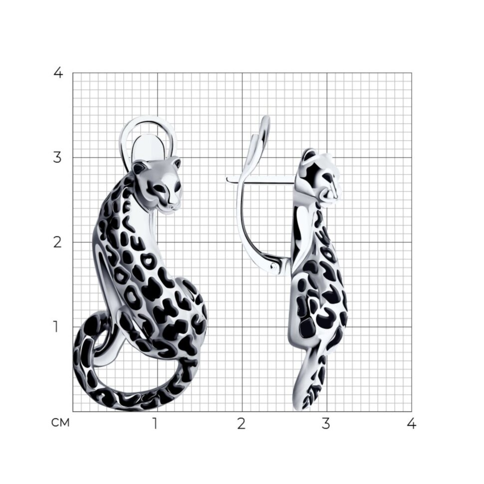 Серебряные серьги "Пантера" с эмалью