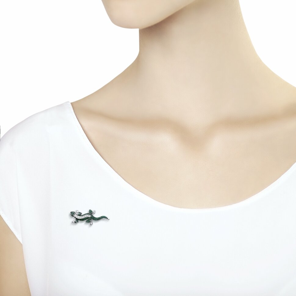 серебряная брошь с фианитами и жемчугом