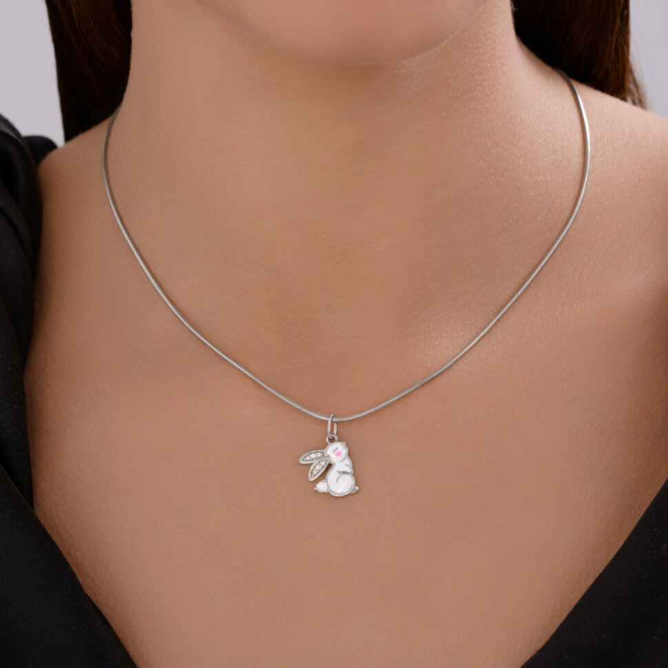 Серебряная подвеска "Зайчик" с эмалью и фианитами