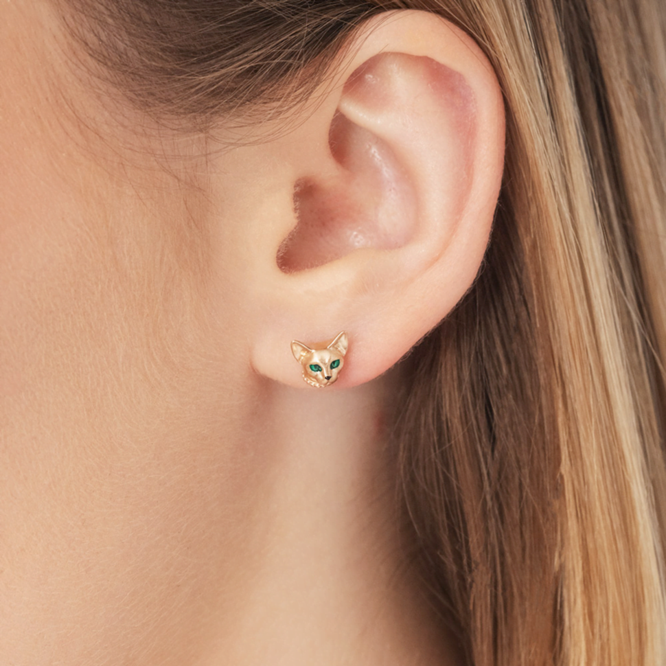 Серьги-пусеты «Абиссинские кошки» из красного золота с эмалью