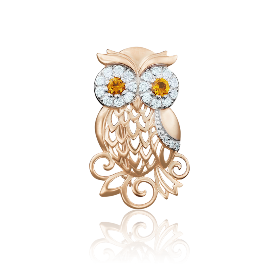 Брошь-подвеска «Сова» из красного золота с фианитами