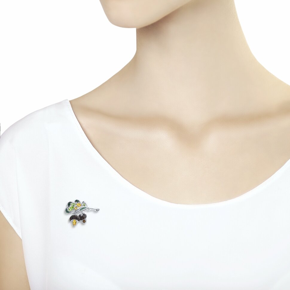 серебряная брошь с хризолитами, цитринами, раух.топазами и фианитами