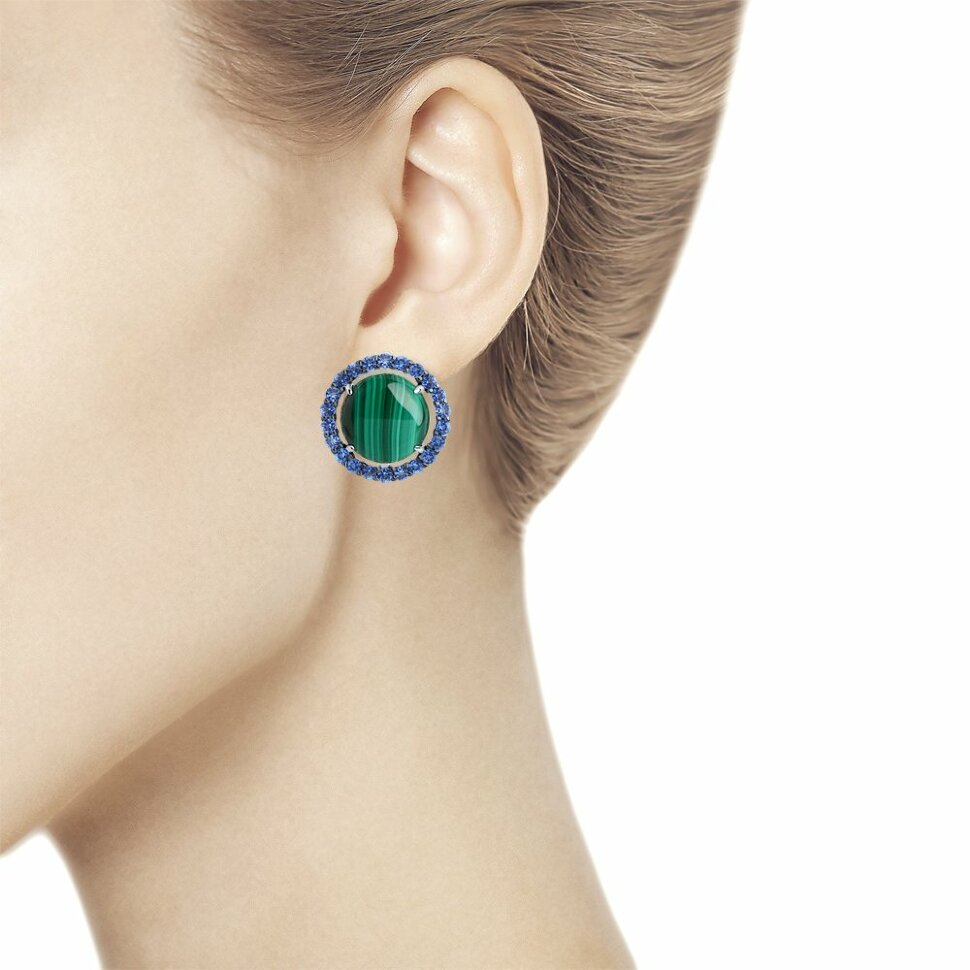 серебряные серьги с малахитом и фианитами