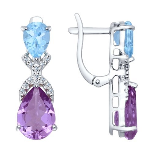серебряные серьги с аметистами, топазами, фианитами