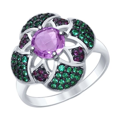 серебряное кольцо с аметистом и цветными фианитами