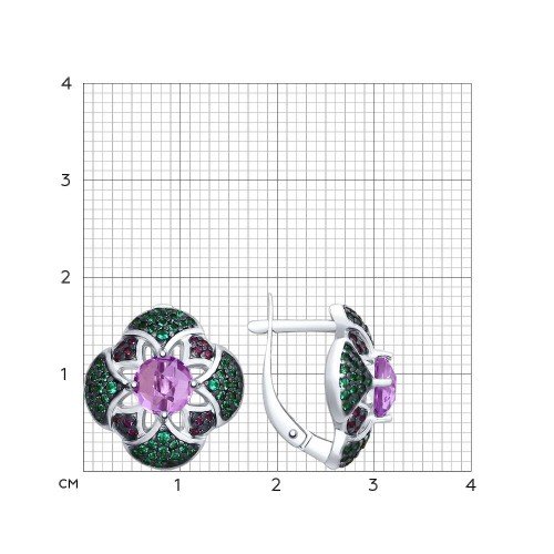 серебряные серьги с аметистами и цветными фианитами