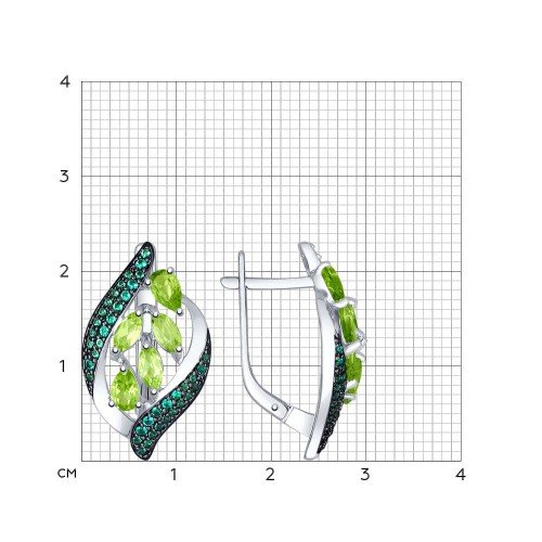 серебряные серьги с хризолитами и фианитами
