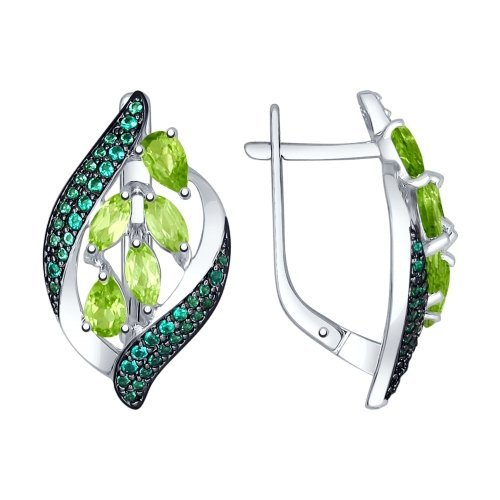 серебряные серьги с хризолитами и фианитами