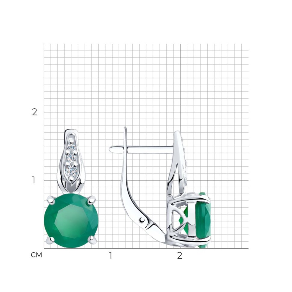 Серебряные серьги с зеленым агатом и фианитами